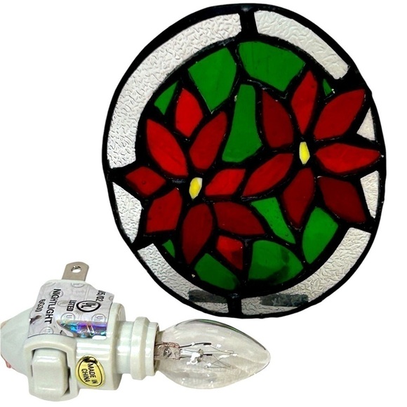 Christmas Tiffany Poinsettias Night Light Glass Holiday Red/Green EUC - Picture 3 of 6